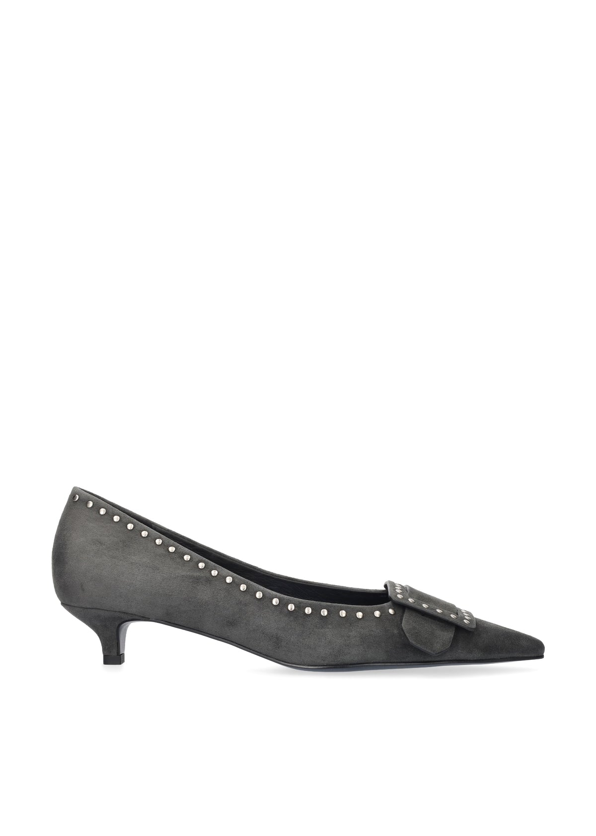 Vista lateral de los zapatos de salón de ante para mujer Altair Pumps 35 en color antracita, con punta afilada, adorno con tachas y tacón de aguja de 3,5 cm de BIBI LOU.