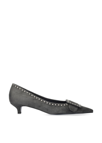 Vista lateral de los zapatos de salón de ante para mujer Altair Pumps 35 en color antracita, con punta afilada, adorno con tachas y tacón de aguja de 3,5 cm de BIBI LOU.