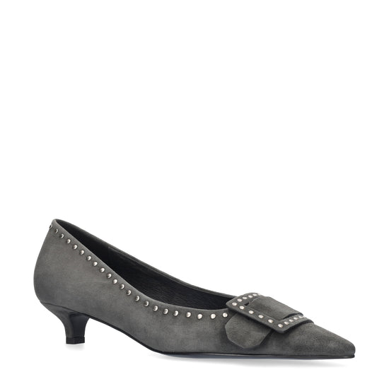 Vista lateral de los zapatos de salón de ante para mujer Altair Pumps 35 en color antracita, con punta afilada, adorno con tachas y tacón de aguja de 3,5 cm de BIBI LOU.