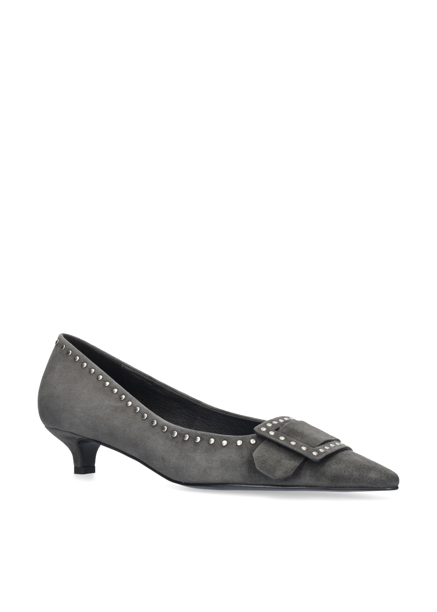 Vista lateral de los zapatos de salón de ante para mujer Altair Pumps 35 en color antracita, con punta afilada, adorno con tachas y tacón de aguja de 3,5 cm de BIBI LOU.