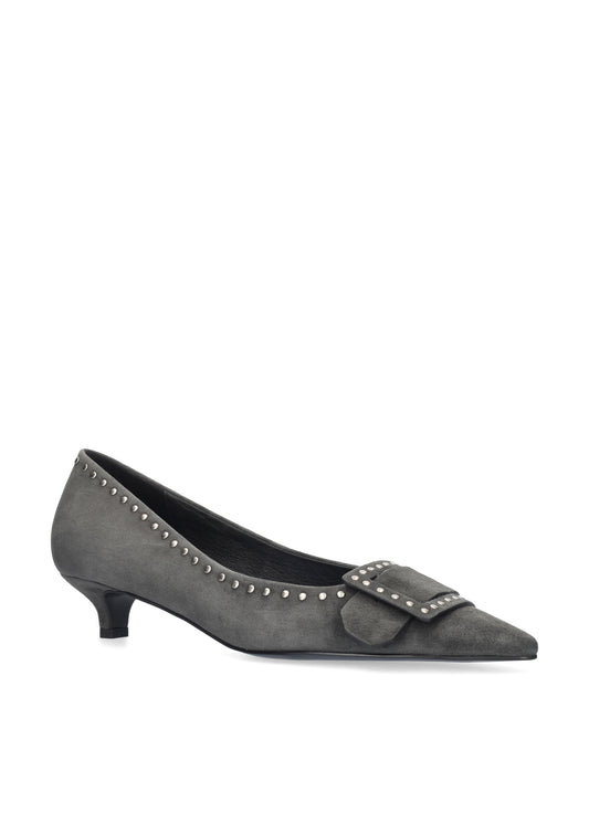 Vista lateral de los zapatos de salón de ante para mujer Altair Pumps 35 en color antracita, con punta afilada, adorno con tachas y tacón de aguja de 3,5 cm de BIBI LOU.