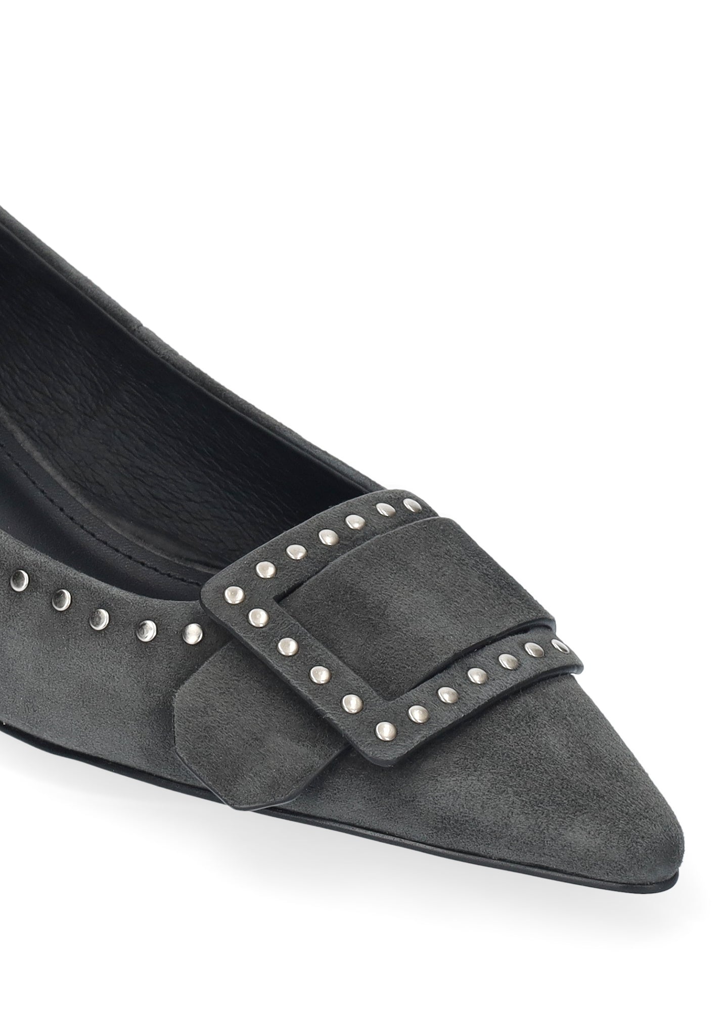 Vista lateral de los zapatos de salón de ante para mujer Altair Pumps 35 en color antracita, con punta afilada, adorno con tachas y tacón de aguja de 3,5 cm de BIBI LOU.