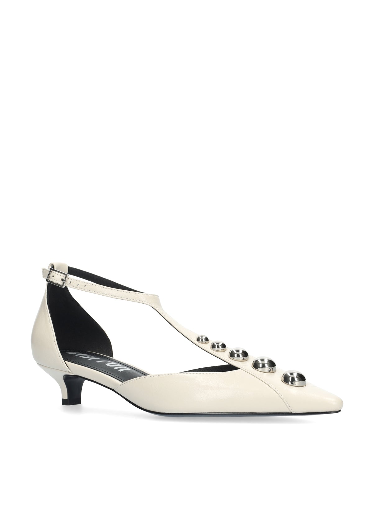 Vista lateral de los zapatos de salón de piel arrugada para mujer Carinna Pumps 35 en color off white, con punta afilada, tachas y tacón de aguja de 3,5 cm de BIBI LOU.