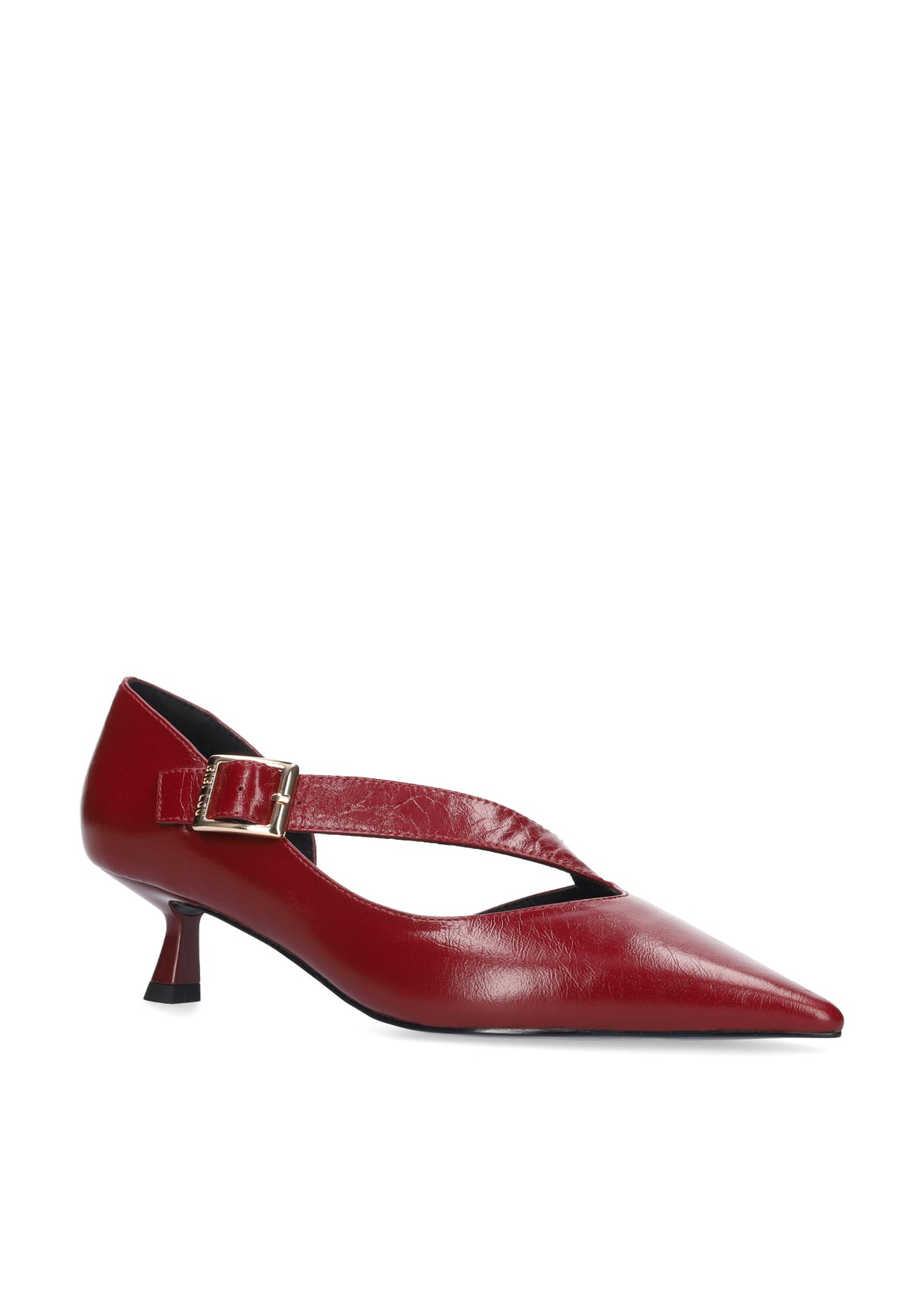 Vista lateral de los zapatos de salón de piel arrugada para mujer Anouk Pumps 40 en color carmín, con punta afilada, tira cruzada sobre el empeine y tacón de aguja de 4 cm de BIBI LOU.