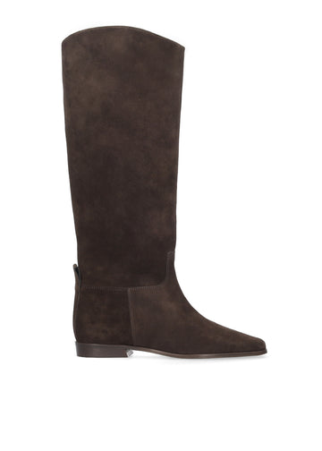 Vista lateral de las botas de serraje para mujer Zenae Boots en color marrón, de caña alta, punta cuadrada y tacón plano de 2 cm de BIBI LOU.