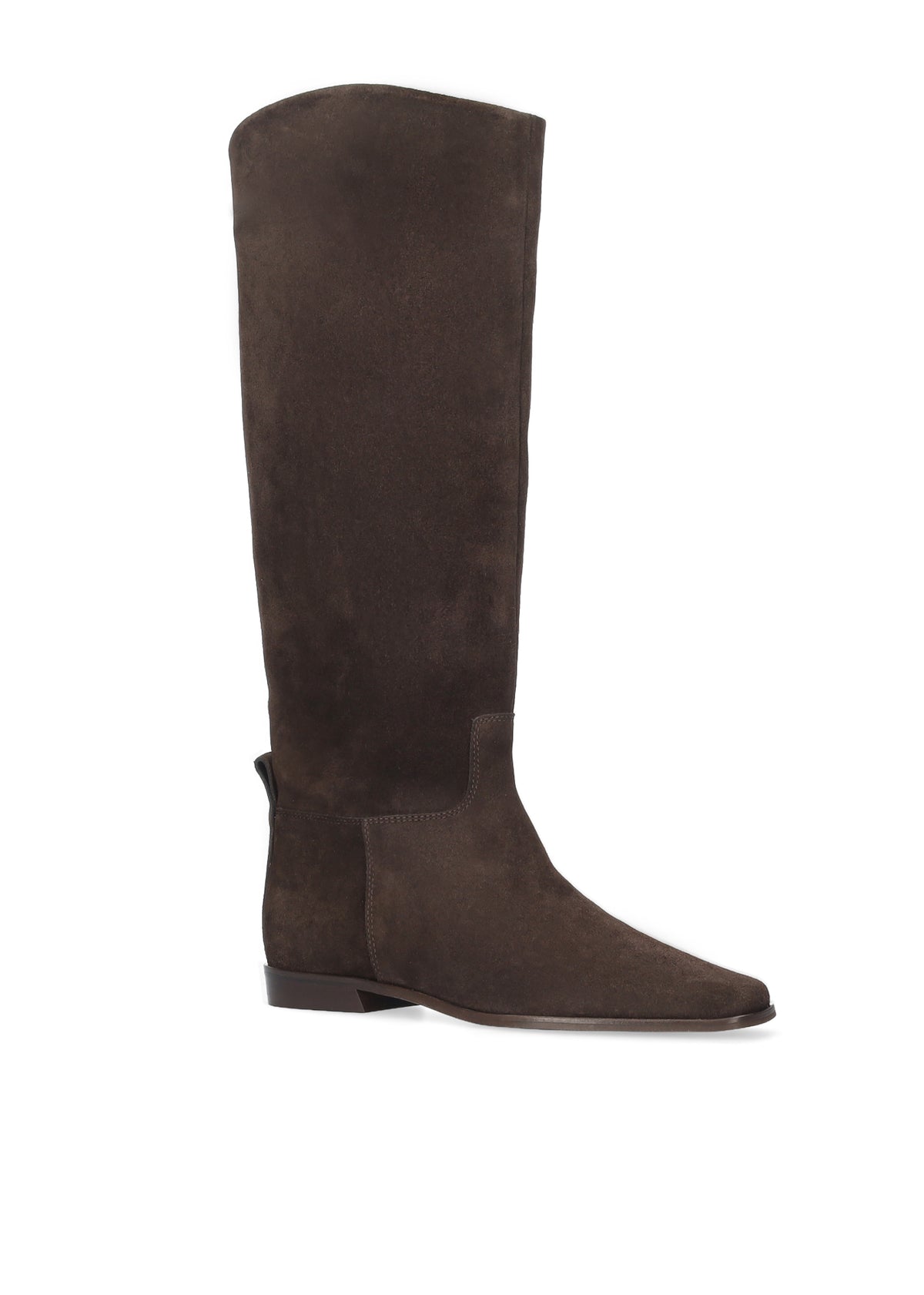 Vista lateral de las botas de serraje para mujer Zenae Boots en color marrón, de caña alta, punta cuadrada y tacón plano de 2 cm de BIBI LOU.