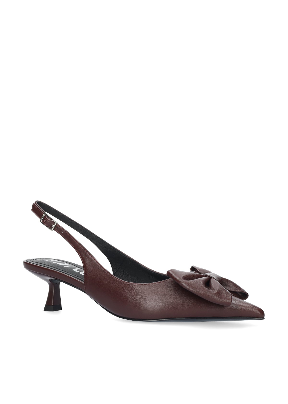 Vista lateral de los zapatos de salón de piel para mujer Gaela Pumps 40 en color burgundy, con punta afilada, adorno de lazo y tacón de aguja de 4 cm de BIBI LOU.