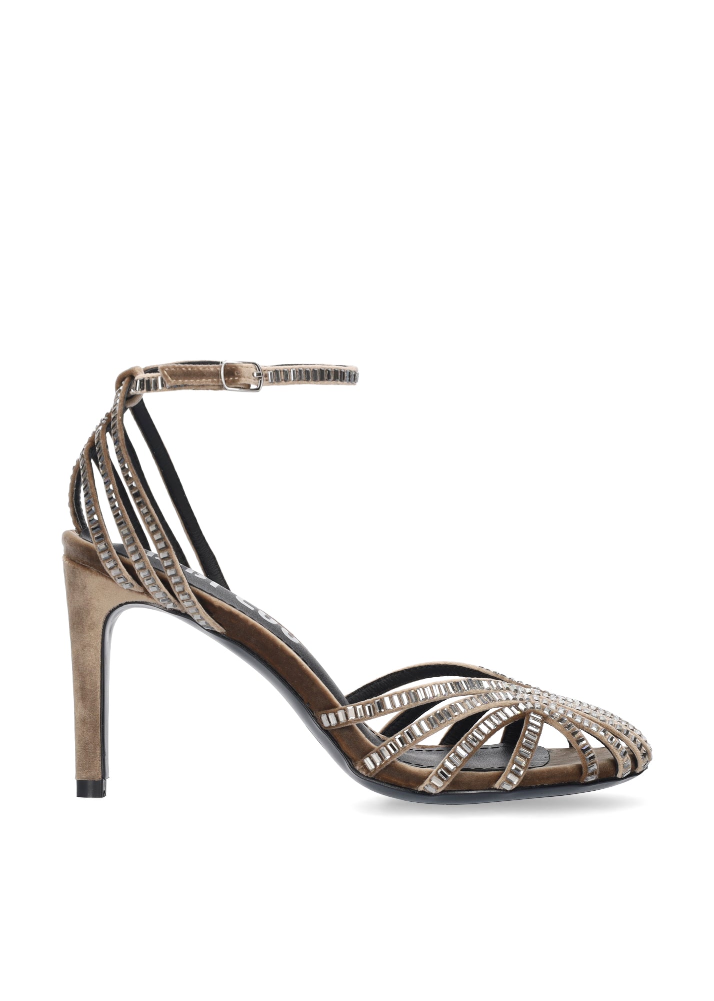 Vista lateral de los zapatos de salón de terciopelo para mujer Sernik Sandals 90 en color taupe, con punta redonda y tacón de aguja de 9 cm de BIBI LOU.