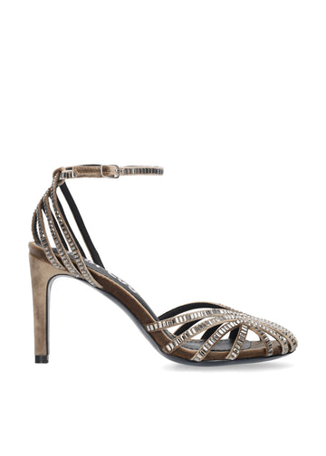 Vista lateral de los zapatos de salón de terciopelo para mujer Sernik Sandals 90 en color taupe, con punta redonda y tacón de aguja de 9 cm de BIBI LOU.