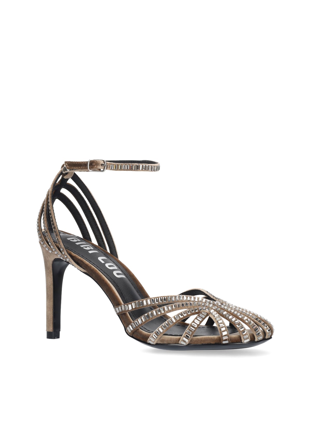 Vista lateral de los zapatos de salón de terciopelo para mujer Sernik Sandals 90 en color taupe, con punta redonda y tacón de aguja de 9 cm de BIBI LOU.