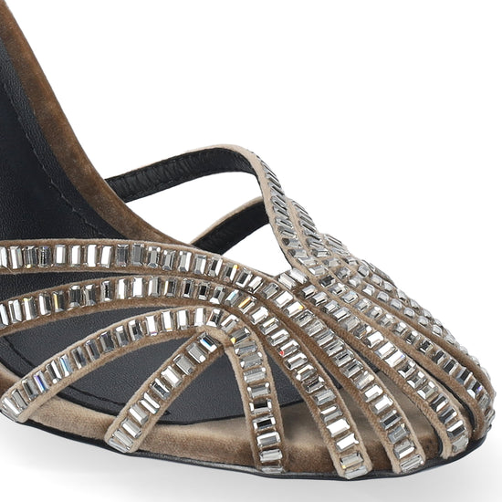 Vista lateral de los zapatos de salón de terciopelo para mujer Sernik Sandals 90 en color taupe, con punta redonda y tacón de aguja de 9 cm de BIBI LOU.