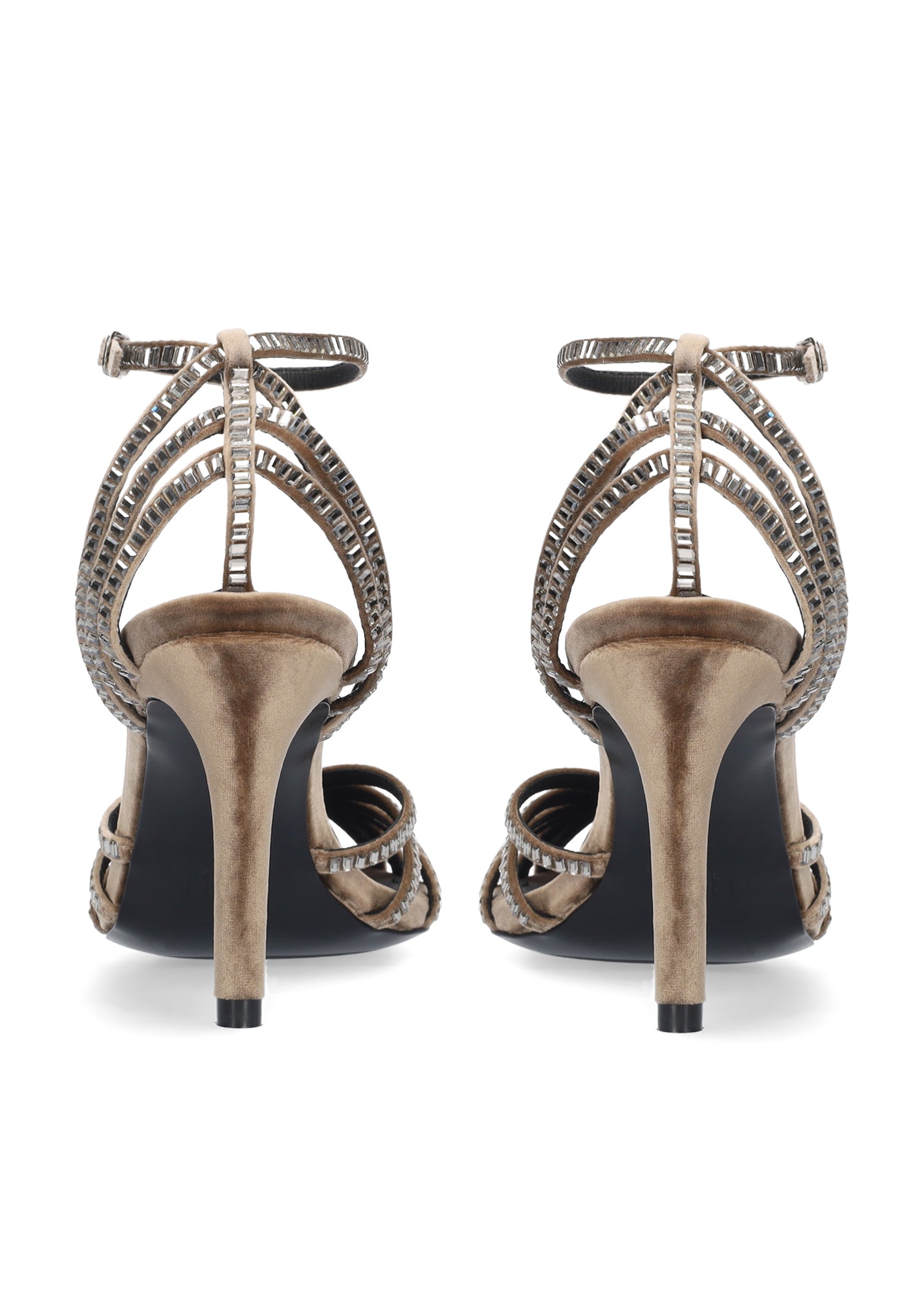 Vista lateral de los zapatos de salón de terciopelo para mujer Sernik Sandals 90 en color taupe, con punta redonda y tacón de aguja de 9 cm de BIBI LOU.