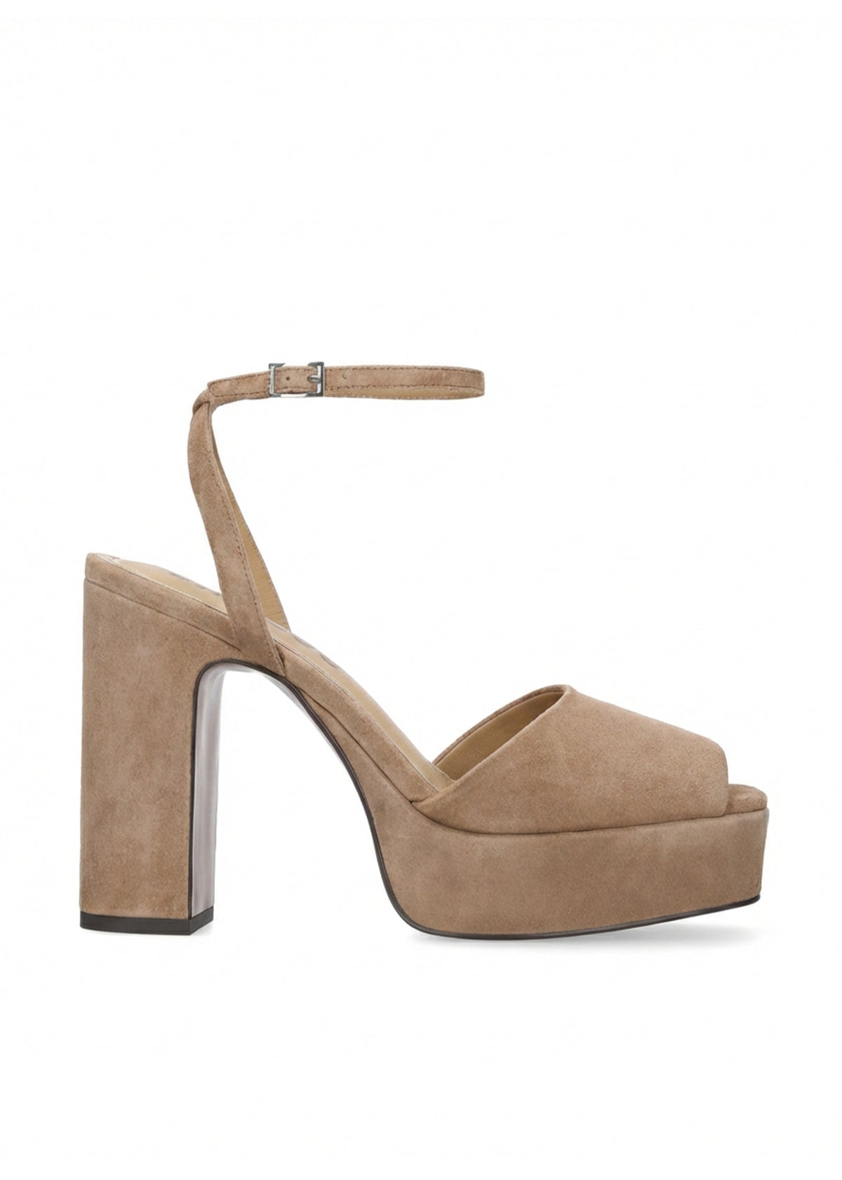 Vista lateral de las sandalias de ante para mujer Omen Sandal 110 en color taupe, con punta cuadrada, tacón de bloque de 11 cm, plataforma forrada de 3 cm y tiras al tobillo de BIBI LOU.