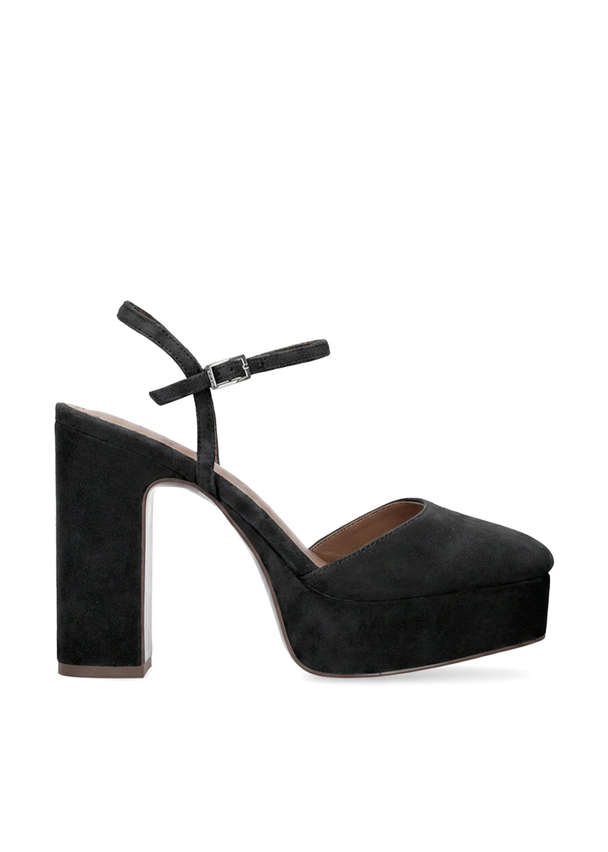 Vista lateral de los zapatos de salón de ante para mujer Ziel Pumps 110 en color negro, con punta cuadrada, tacón de bloque de 11 cm y plataforma forrada de 3 cm de BIBI LOU.