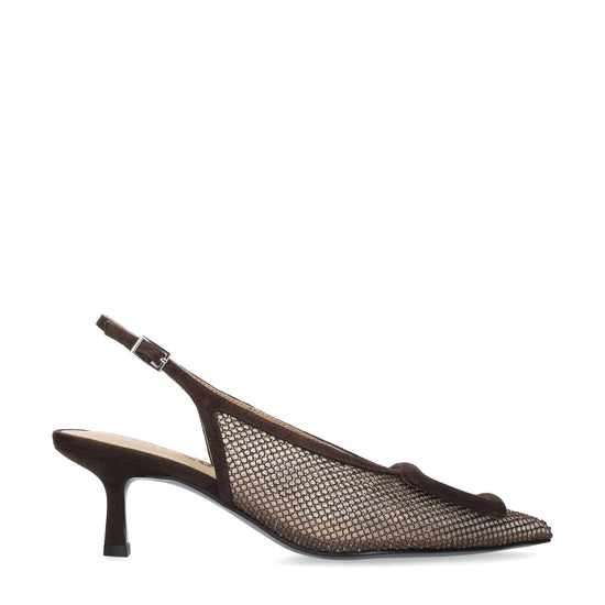 Vista lateral de los zapatos de salón de mesh para mujer Bonnie Pumps 55 con brillos al tono en color marrón de BIBI LOU.