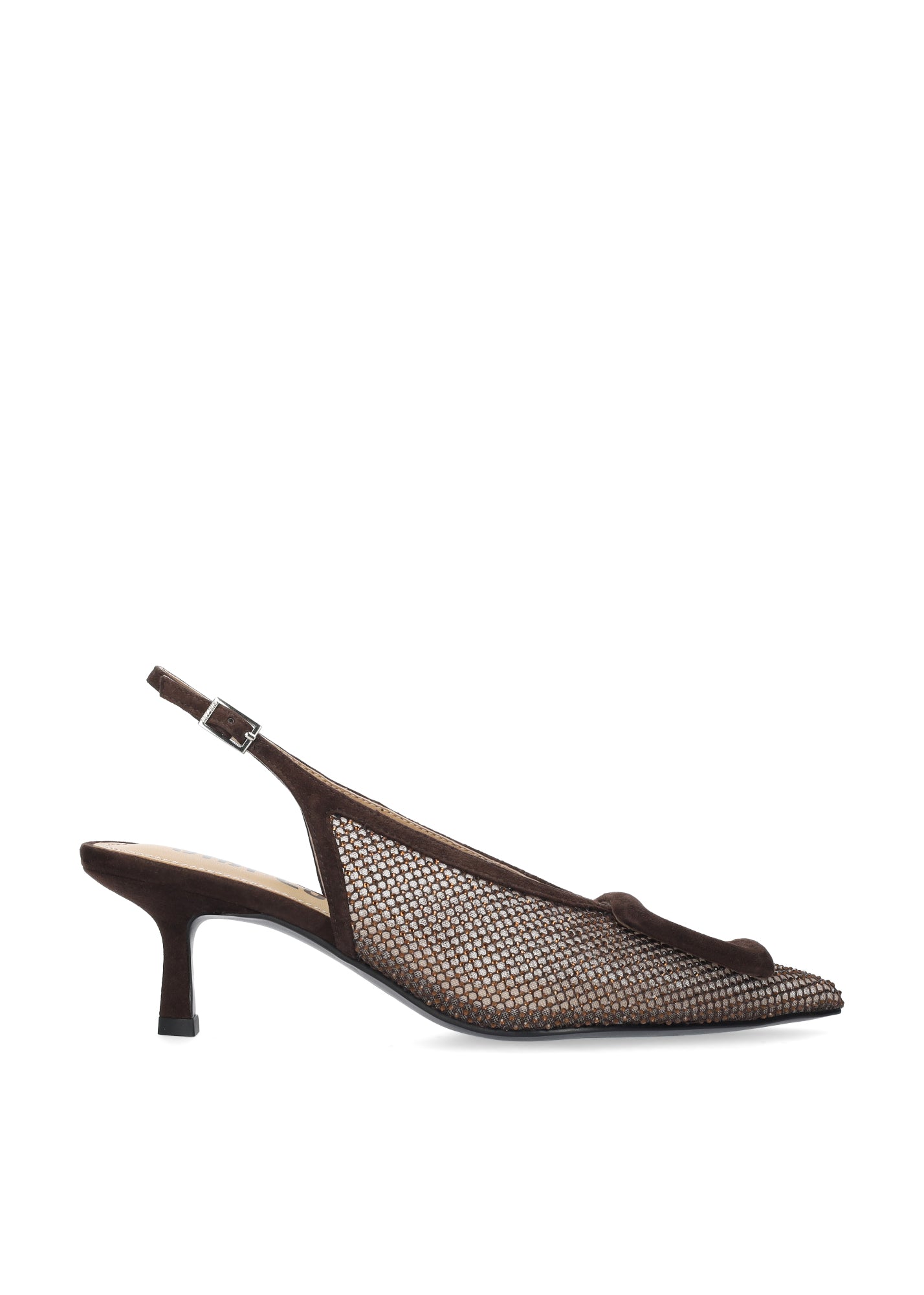 Vista lateral de los zapatos de salón de mesh para mujer Bonnie Pumps 55 con brillos al tono en color marrón de BIBI LOU.