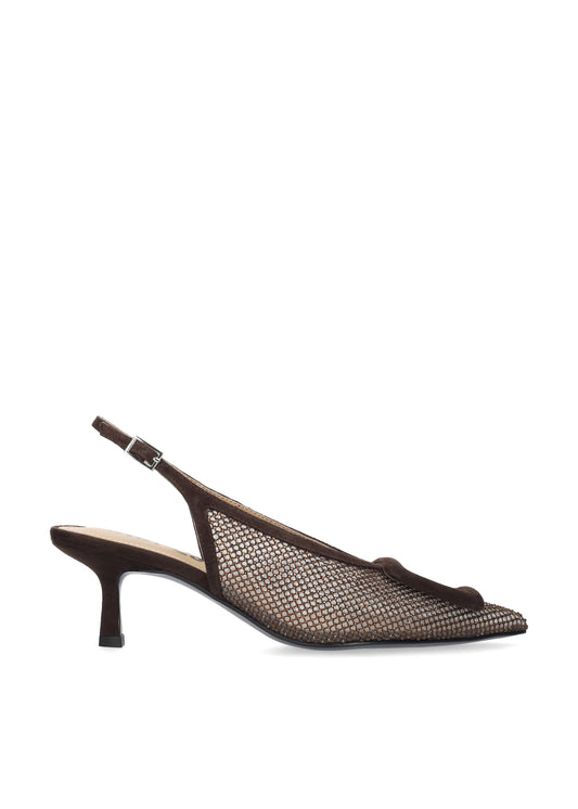 Vista lateral de los zapatos de salón de mesh para mujer Bonnie Pumps 55 con brillos al tono en color marrón de BIBI LOU.