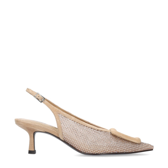 Vista lateral de los zapatos de salón de mesh para mujer Bonnie Pumps 55 con brillos al tono en color nude de BIBI LOU.