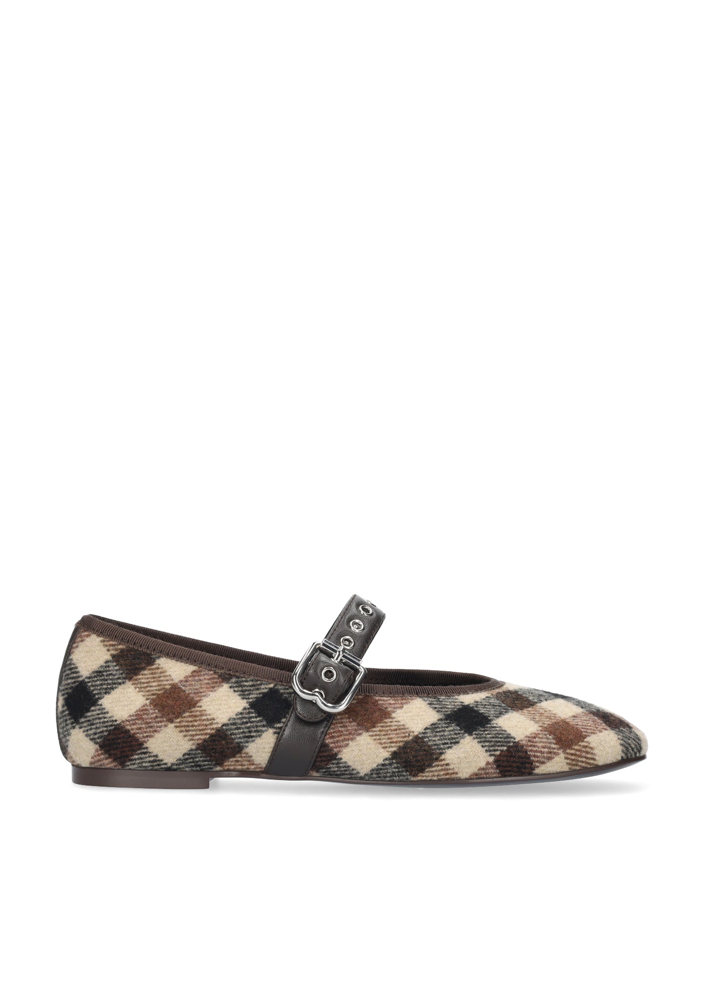 Vista lateral de las bailarinas textiles para mujer Arlo Ballerinas con estampado de cuadros en beige y marrón, tira con ojales metálicos y cierre sobre el empeine de BIBI LOU.