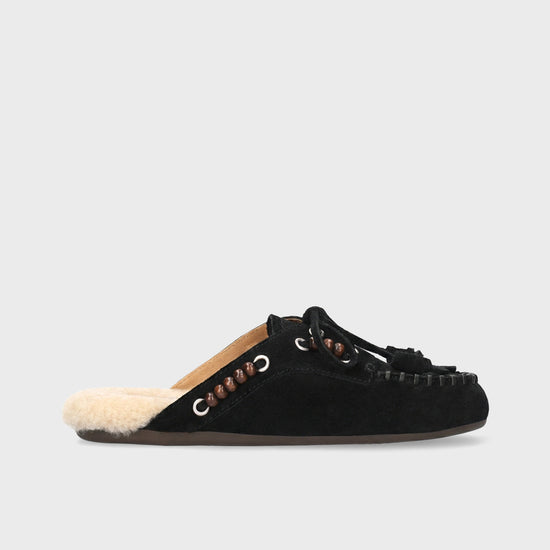 Mocasines Violetta Loafer de mujer en serraje negro con borreguito Bibi Lou
