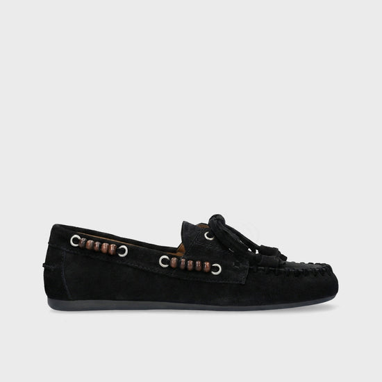 Mocasines Violetta Loafer de mujer en serraje negro con cuentas de madera Bibi Lou