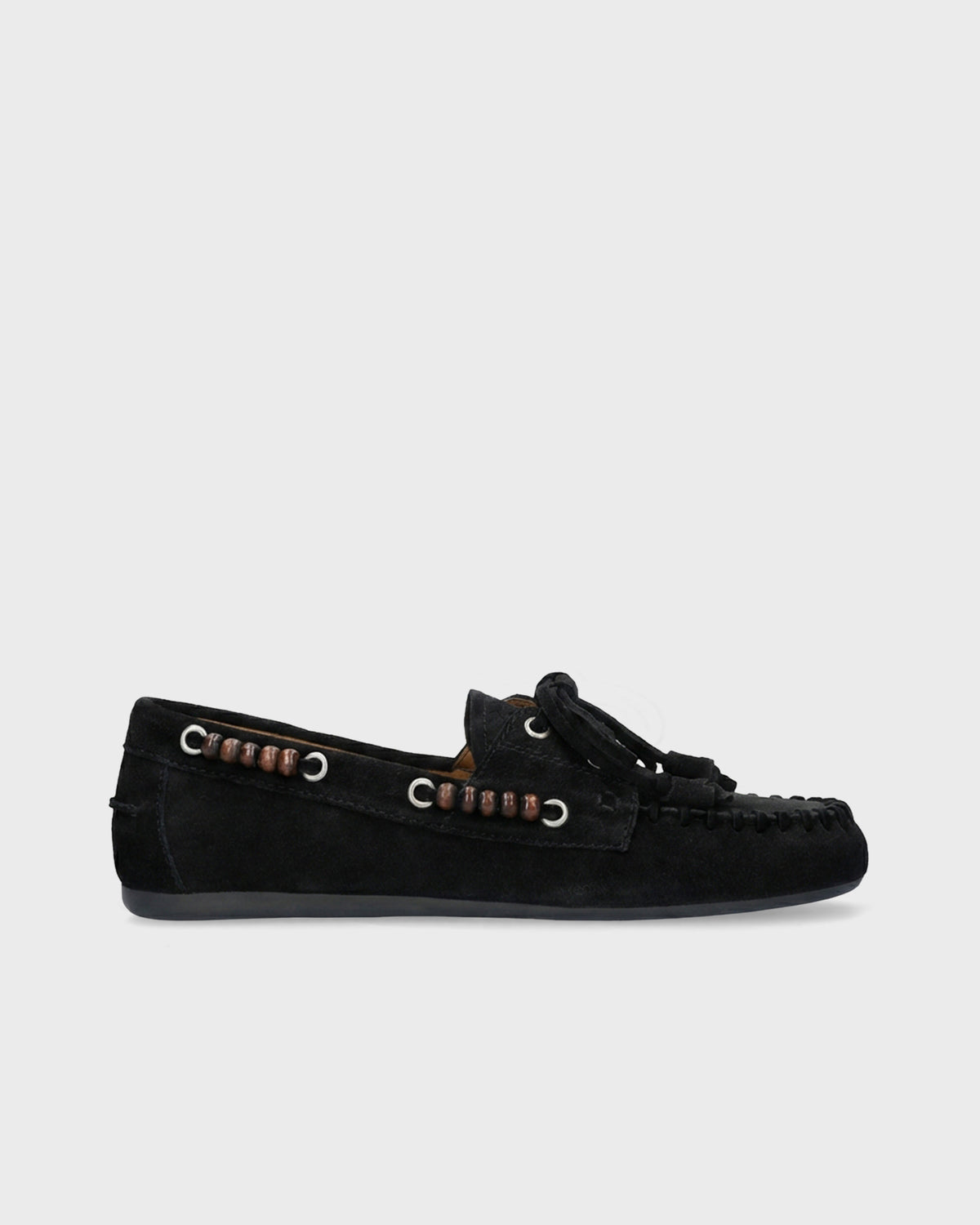 Mocasines Violetta Loafer de mujer en serraje negro con cuentas de madera Bibi Lou