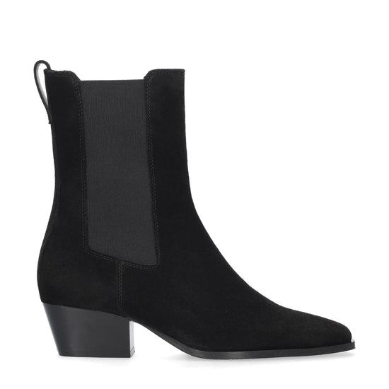 Vista lateral de los botines de serraje para mujer Spinel Booties en color negro con punta cuadrada y tacón de bloque de 4,5 cm de BIBI LOU.