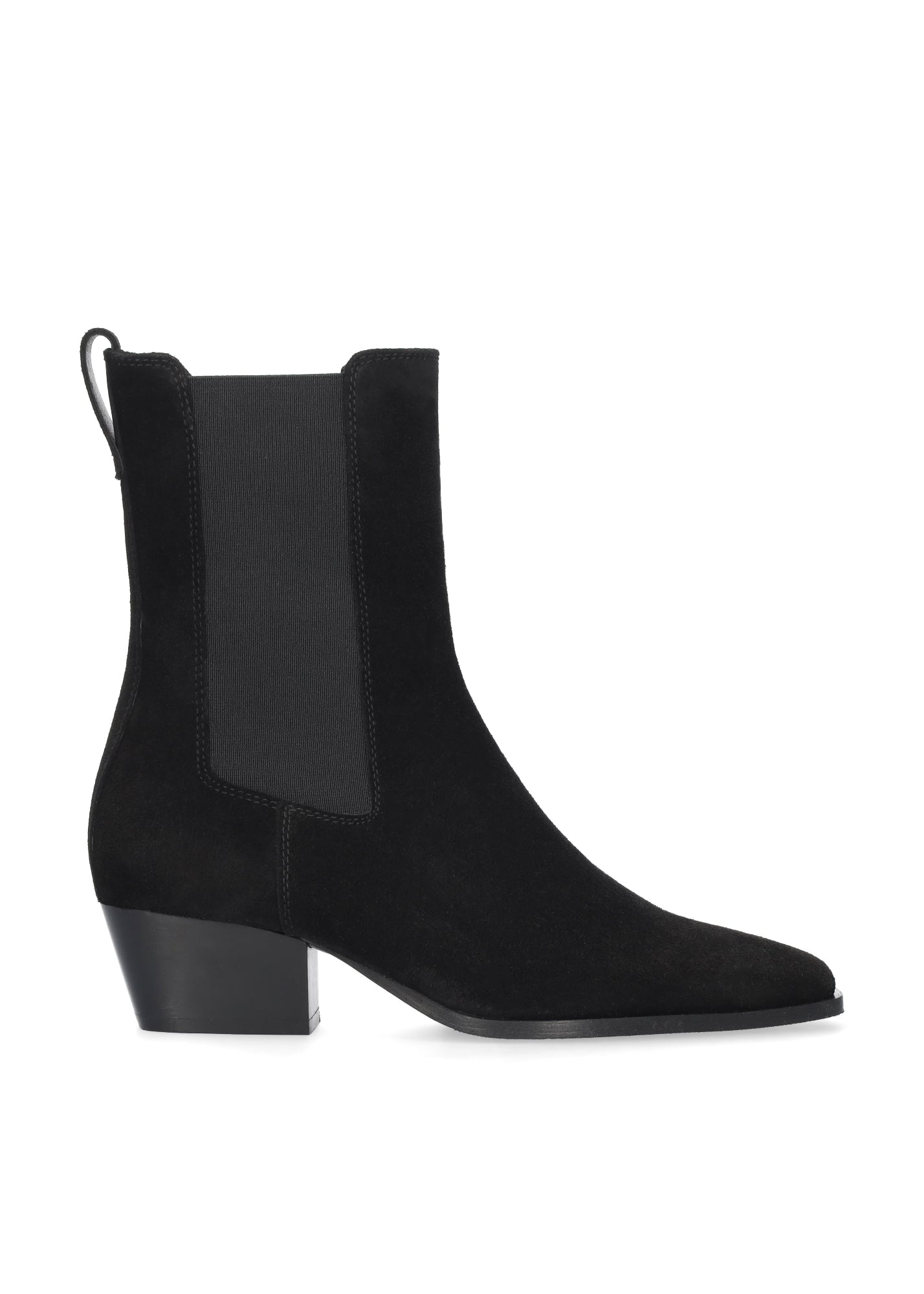 Vista lateral de los botines de serraje para mujer Spinel Booties en color negro con punta cuadrada y tacón de bloque de 4,5 cm de BIBI LOU.