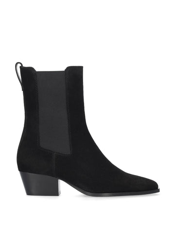 Vista lateral de los botines de serraje para mujer Spinel Booties en color negro con punta cuadrada y tacón de bloque de 4,5 cm de BIBI LOU.