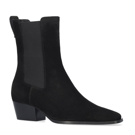Vista lateral de los botines de serraje para mujer Spinel Booties en color negro con punta cuadrada y tacón de bloque de 4,5 cm de BIBI LOU.