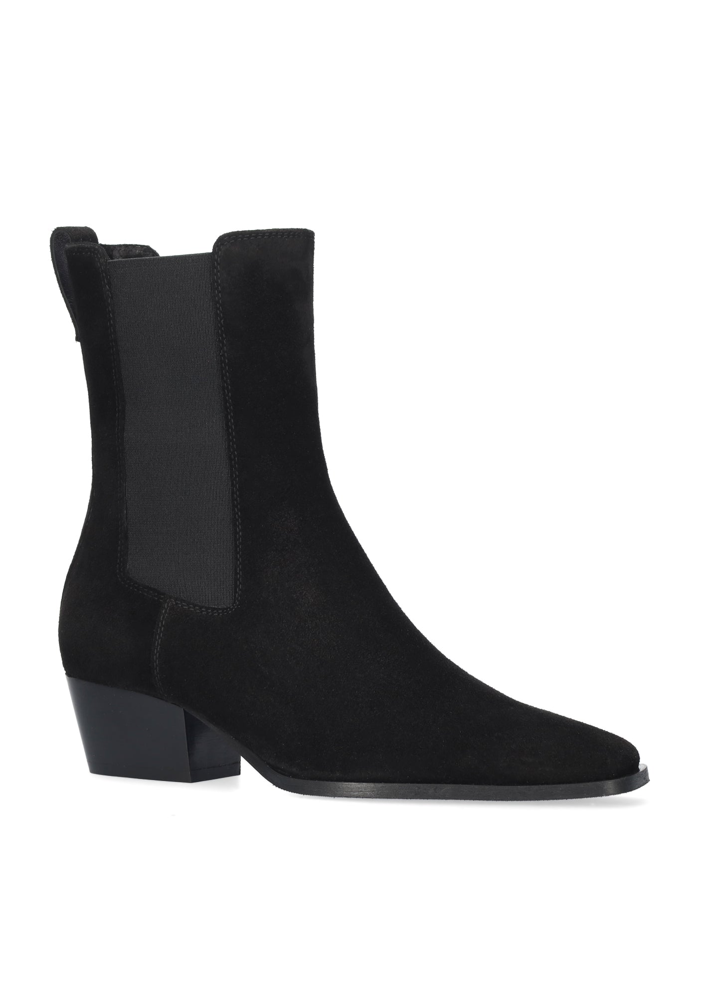 Vista lateral de los botines de serraje para mujer Spinel Booties en color negro con punta cuadrada y tacón de bloque de 4,5 cm de BIBI LOU.
