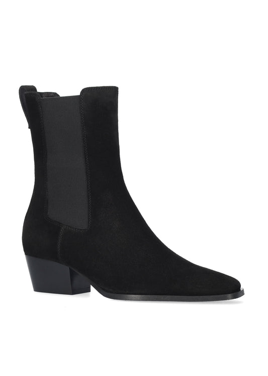 Vista lateral de los botines de serraje para mujer Spinel Booties en color negro con punta cuadrada y tacón de bloque de 4,5 cm de BIBI LOU.