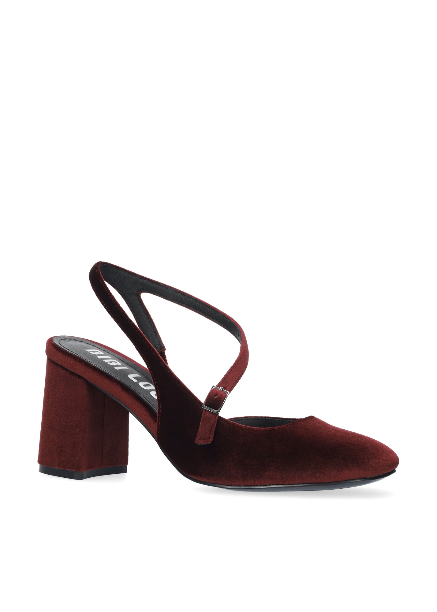 Vista lateral de los zapatos de salón de terciopelo para mujer Mirabelle Pumps 80 en color carmín, con aperturas, tira sobre el empeine, punta redonda y tacón de bloque de 8 cm de BIBI LOU.