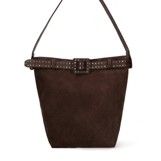 Marcel Shoulder Bag de BIBI LOU en ante marrón, con adorno de cinturón y asa fija.