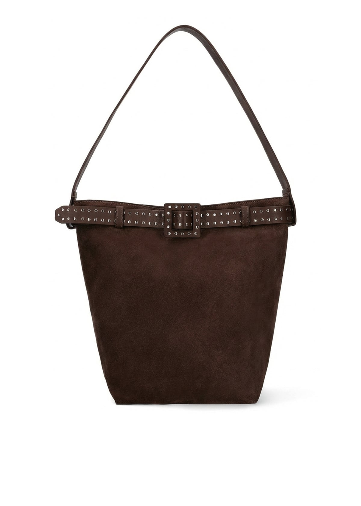 Marcel Shoulder Bag de BIBI LOU en ante marrón, con adorno de cinturón y asa fija.