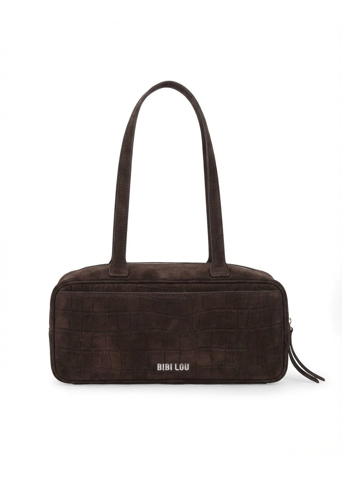 Lava Shoulder Bag de BIBI LOU en serraje marrón con efecto cocodrilo, bolsillo exterior tipo solapa y asa fija.