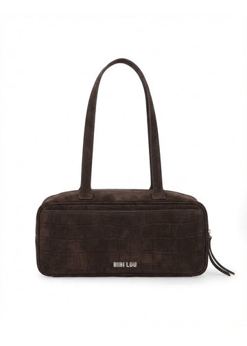 Lava Shoulder Bag de BIBI LOU en serraje marrón con efecto cocodrilo, bolsillo exterior tipo solapa y asa fija.