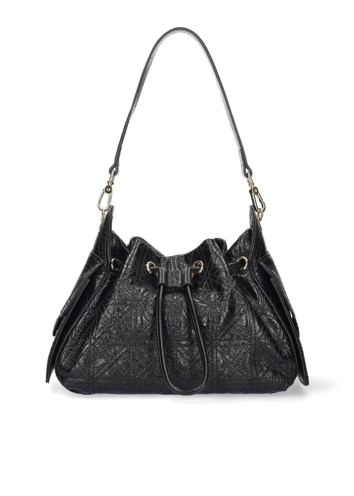 Agate Shoulder Bag de BIBI LOU en piel arrugada negra, con detalle de pespunte y cierre fruncido.