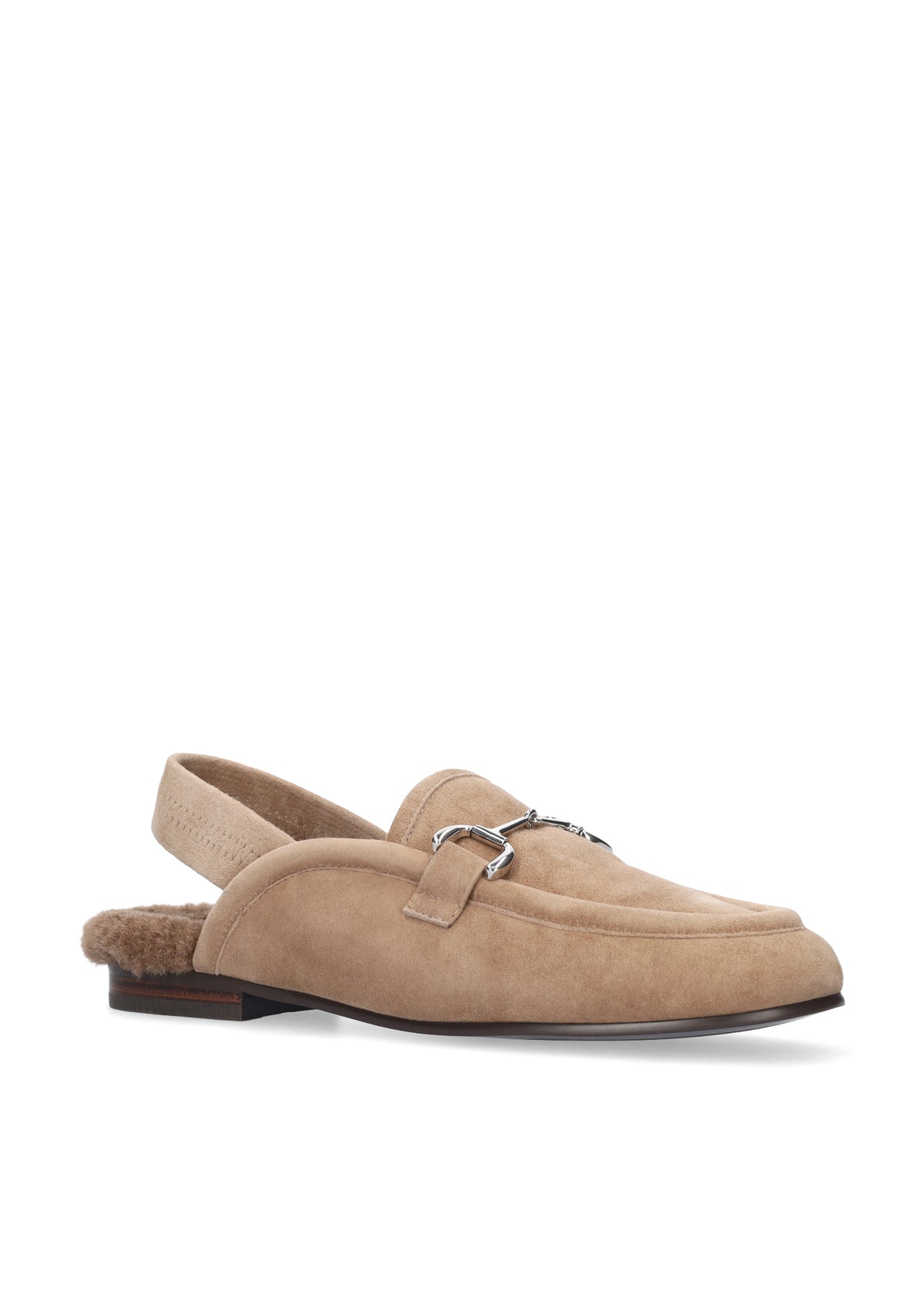 Vista lateral de los mocasines slingback de ante para mujer Ashe Sling Back Loafer 20 en color taupe, con punta redonda, tacón plano de 2 cm y plantilla de pelo sintético de BIBI LOU.