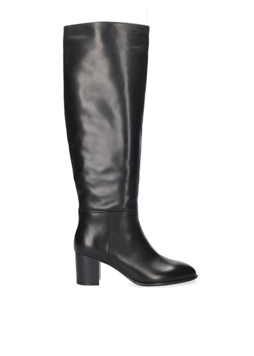 Vista lateral de las botas de piel para mujer Biarritz Boots de caña alta, punta redonda y tacón de bloque de 6,5 cm en color negro de BIBI LOU.
