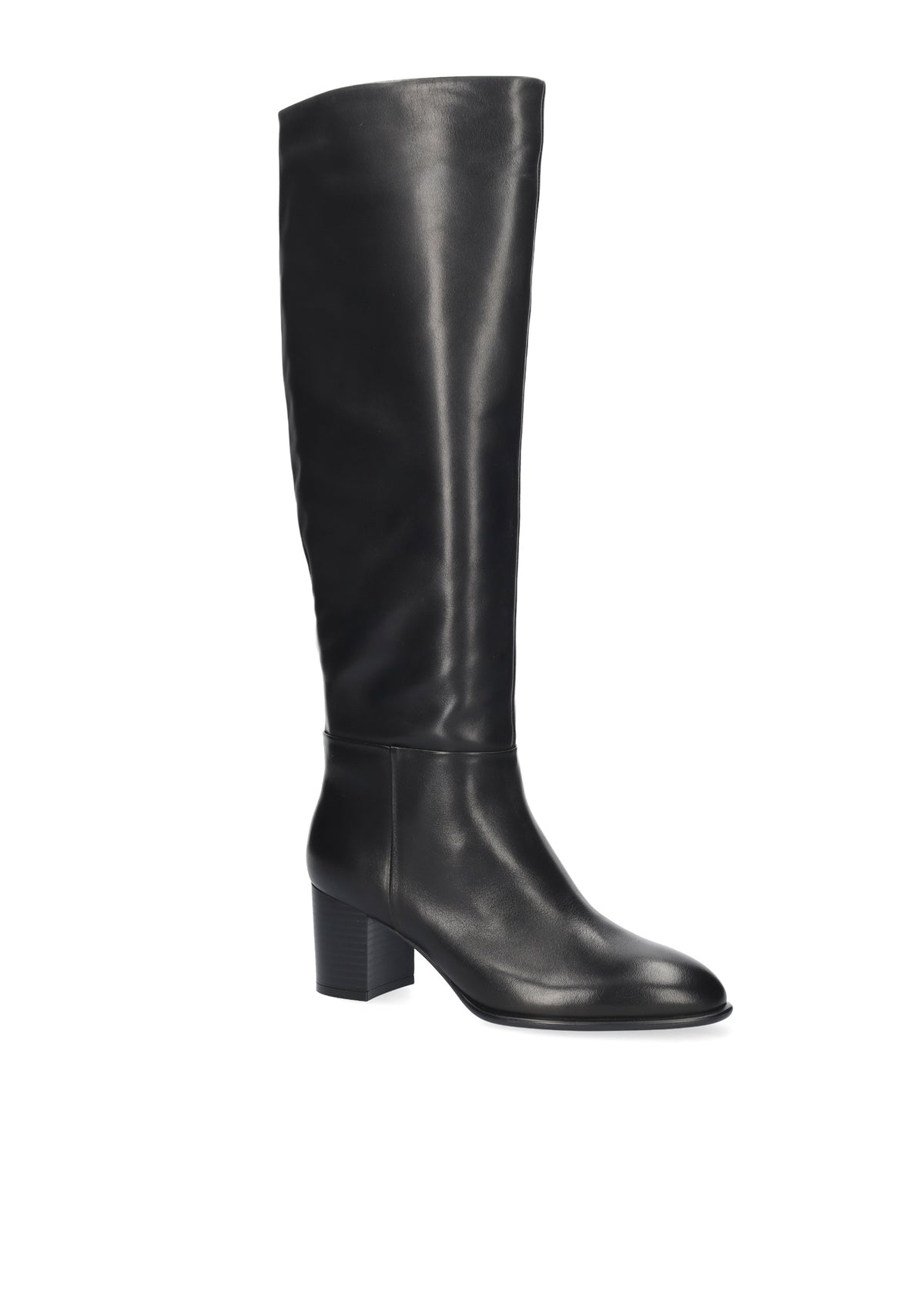 Vista lateral de las botas de piel para mujer Biarritz Boots de caña alta, punta redonda y tacón de bloque de 6,5 cm en color negro de BIBI LOU.