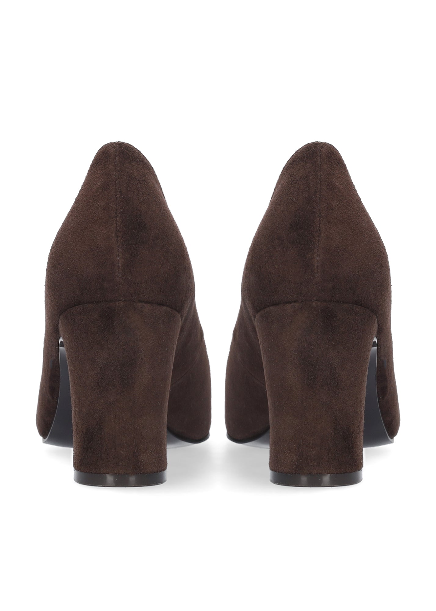 Vista lateral de los zapatos de salón de ante para mujer Simone Pumps en color marrón, con punta afilada y tacón de bloque de 7 cm de BIBI LOU.