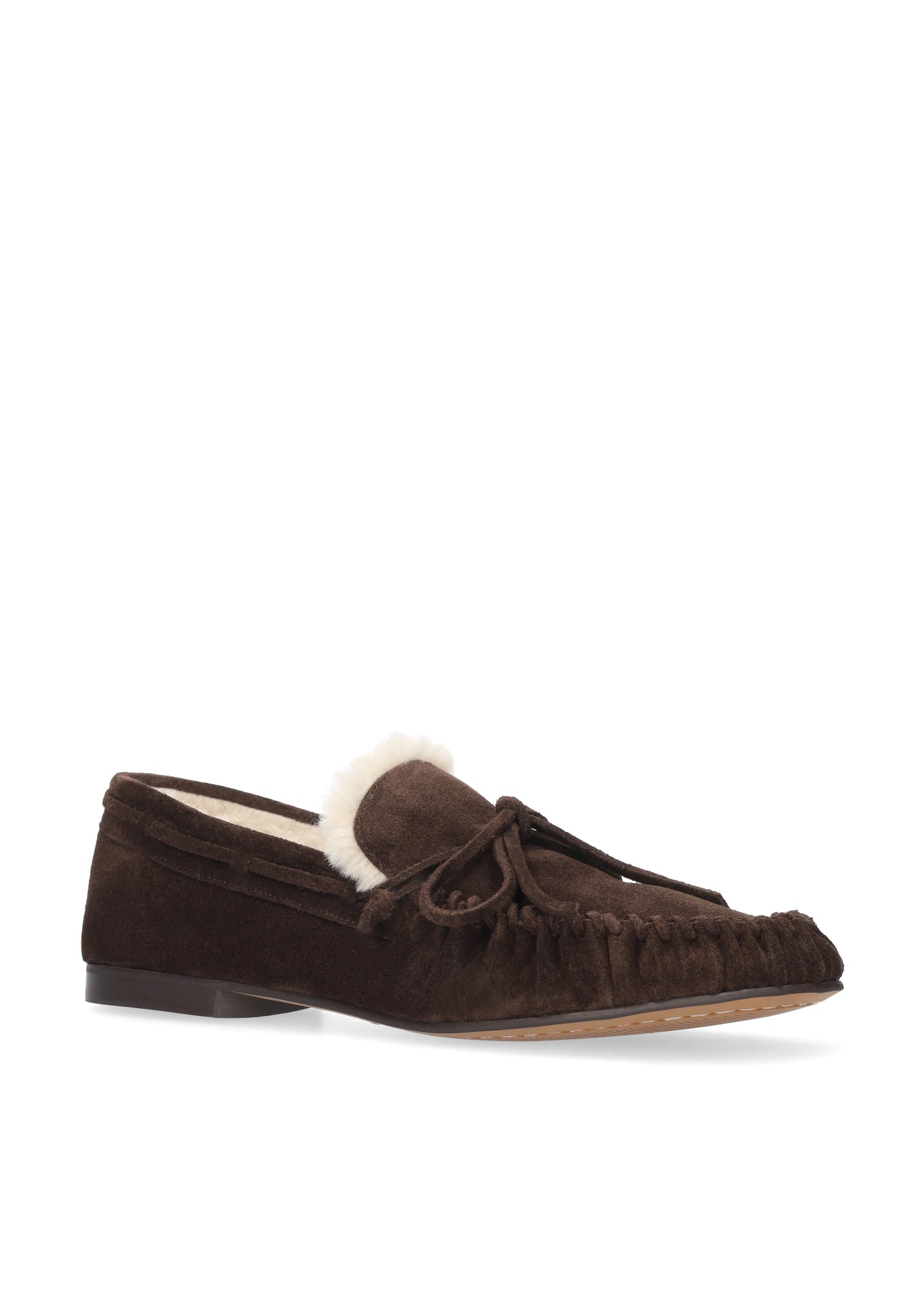 Vista lateral de los mocasines de serraje para mujer Balance Loafers en color marrón, con punta redonda, cordones y forro de pelo sintético de BIBI LOU.