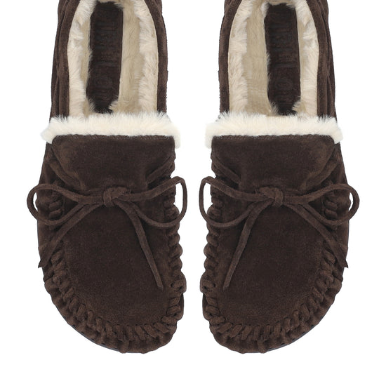 Vista lateral de los mocasines de serraje para mujer Balance Loafers en color marrón, con punta redonda, cordones y forro de pelo sintético de BIBI LOU.