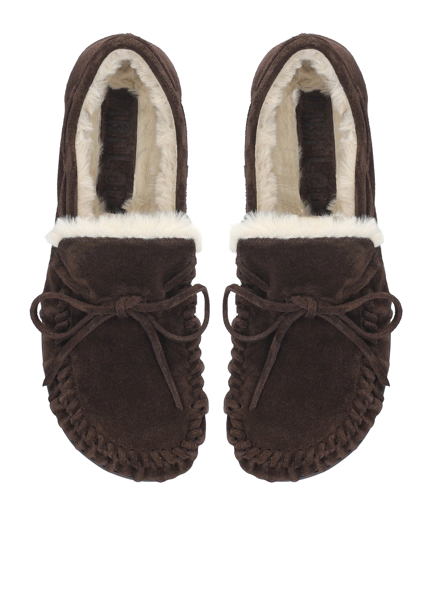 Vista lateral de los mocasines de serraje para mujer Balance Loafers en color marrón, con punta redonda, cordones y forro de pelo sintético de BIBI LOU.